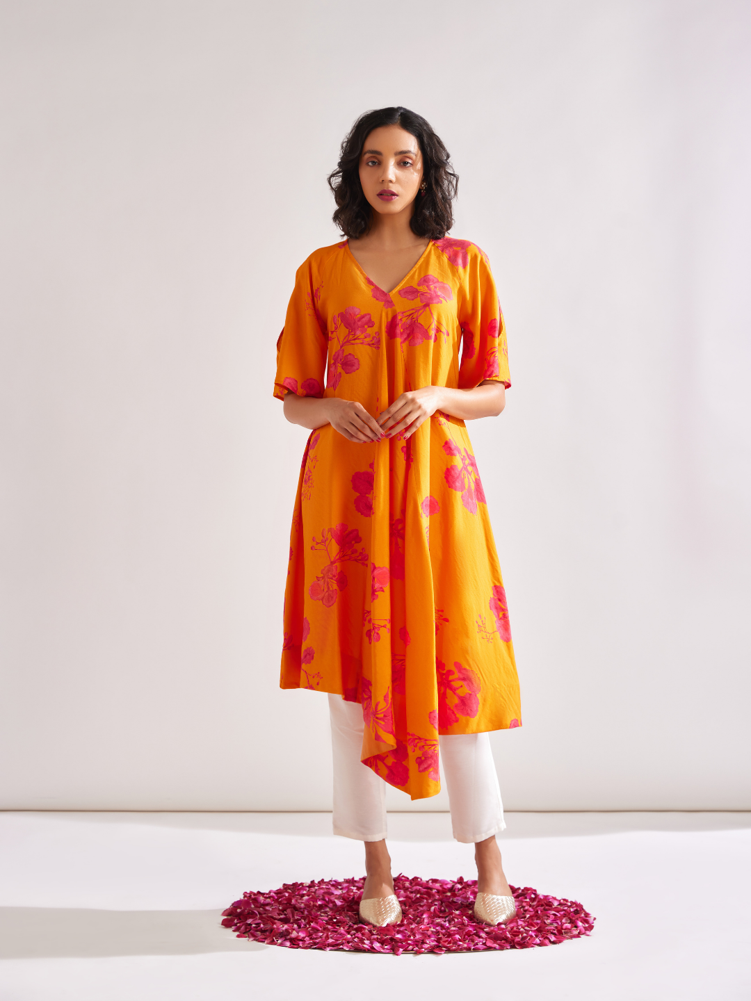 Asymmetrical Gulmohar kurta with cut-out sleeves- Spicy orange