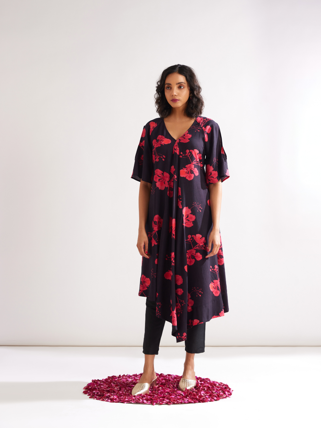 Asymmetrical Gulmohar kurta with cut-out sleeves- Rich black