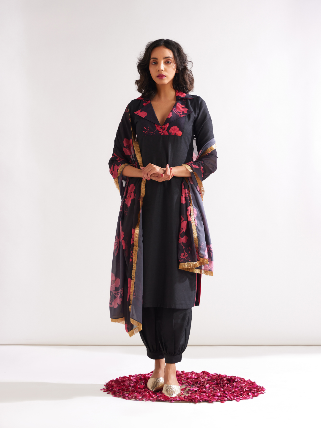 Gulmohar lapel collared straight kurta- Rich black