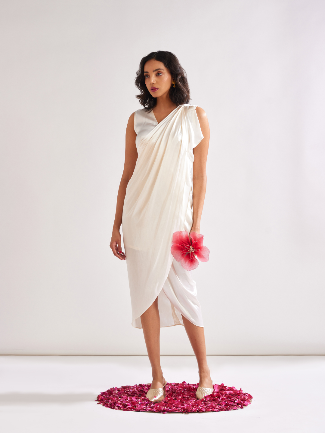 Pleated shoulder draped dress with Gulmohar cape- Ivory