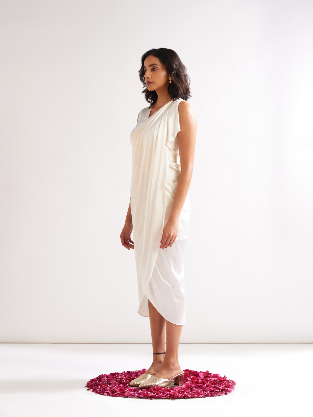 Pleated shoulder draped dress- Ivory