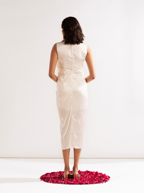 Pleated shoulder draped dress- Ivory