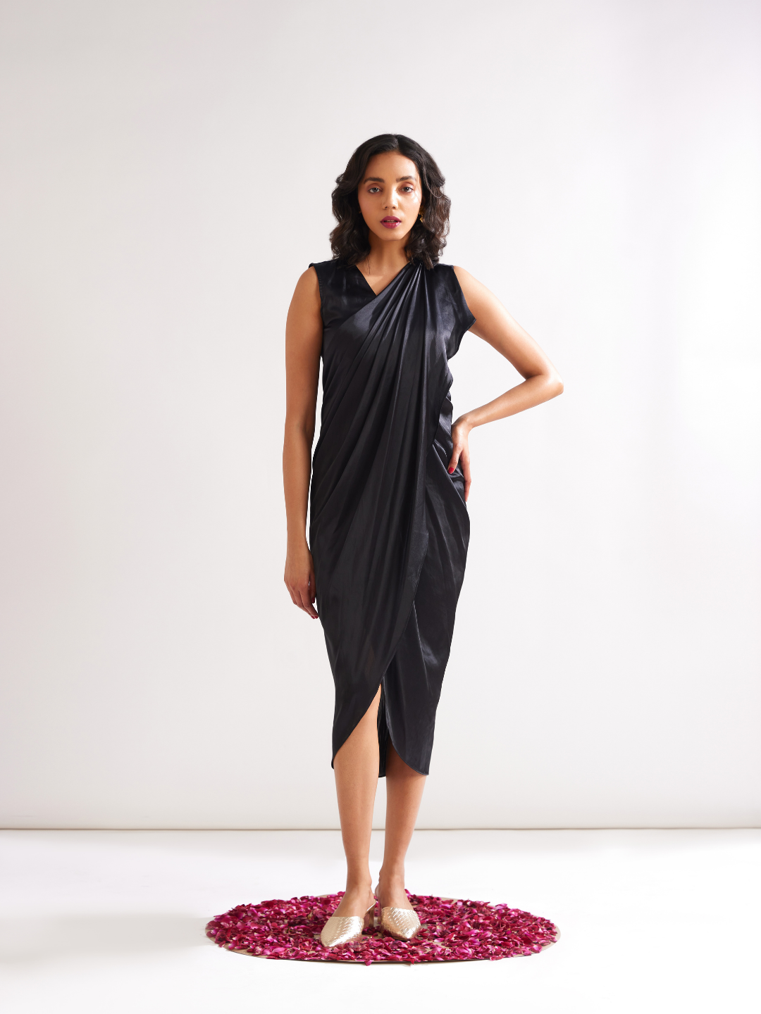 Pleated shoulder draped dress- Rich black