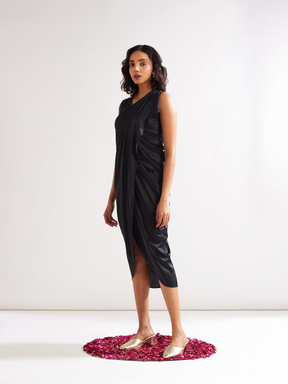 Pleated shoulder draped dress- Rich black