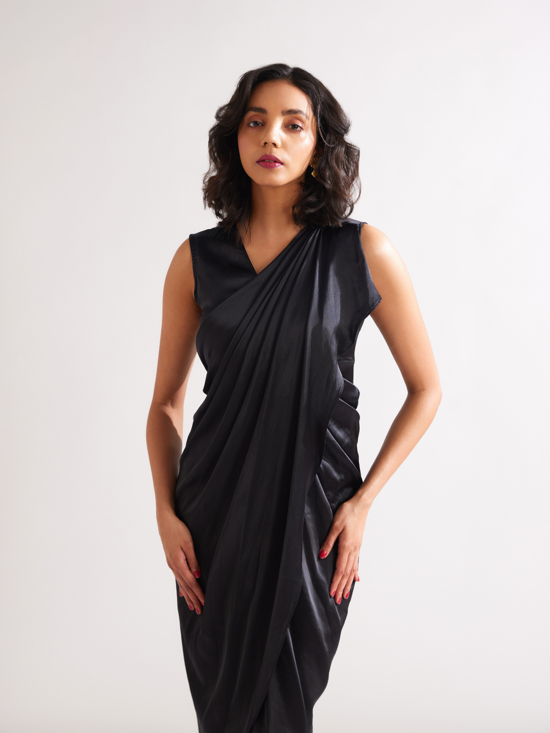 Pleated shoulder draped dress- Rich black