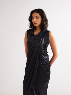 Pleated shoulder draped dress- Rich black