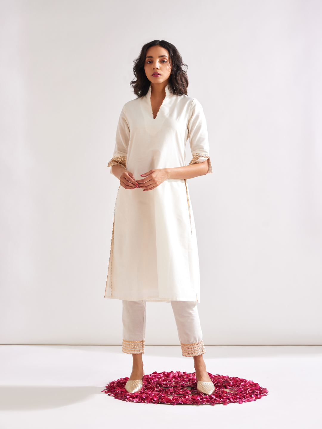 Stand collar straight kurta highlighted with gota patti- Ivory