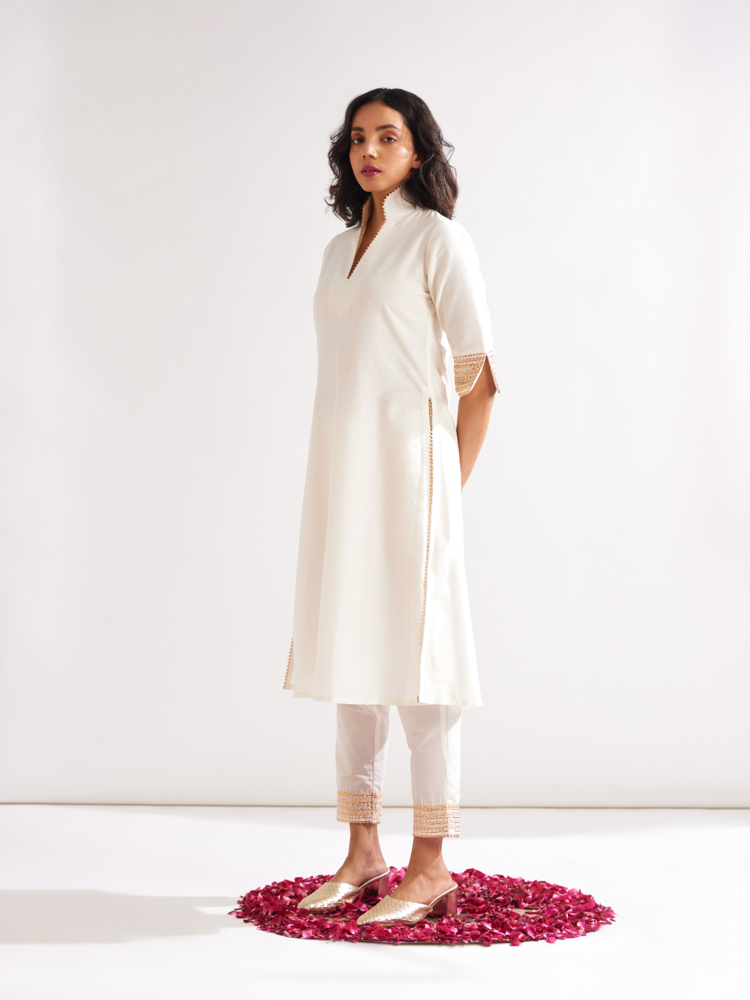 Stand collar straight kurta highlighted with gota patti- Ivory