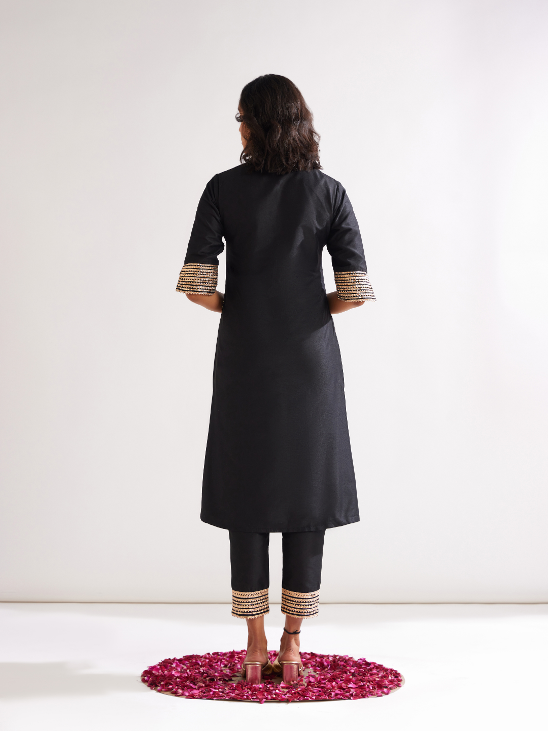 Stand collar straight kurta highlighted with gota patti- Rich black