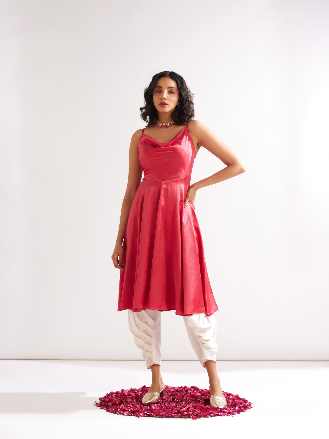 Cowl neck circular panelled kurta- Raspberry