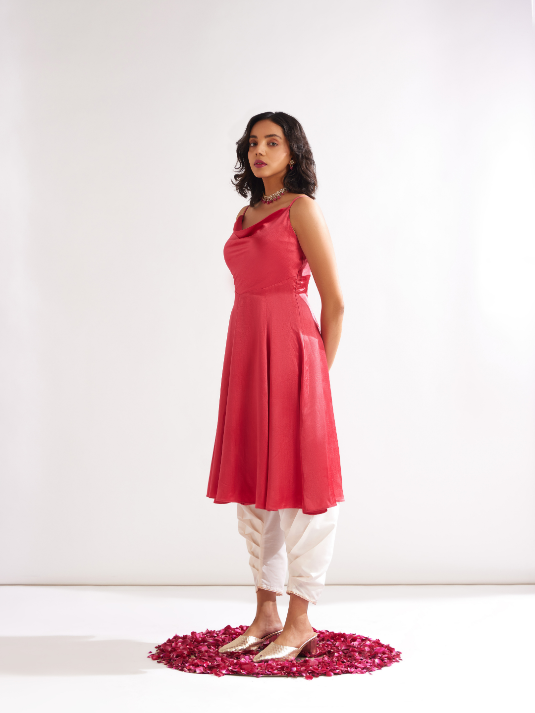 Cowl neck circular panelled kurta- Raspberry