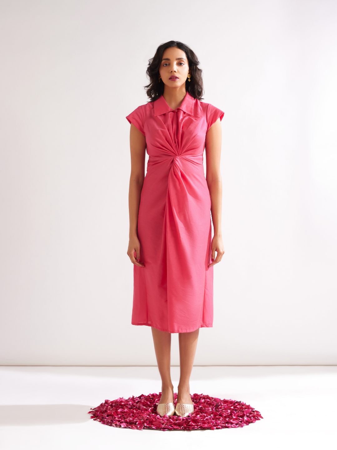 Classic collared Front knot dress- Raspberry