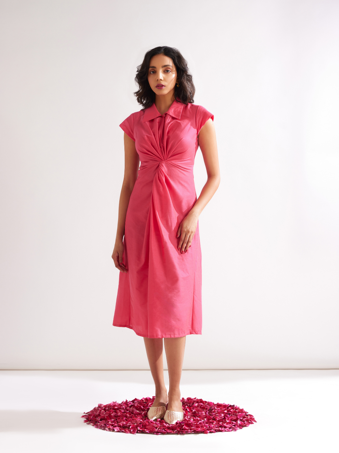 Classic collared Front knot dress- Raspberry