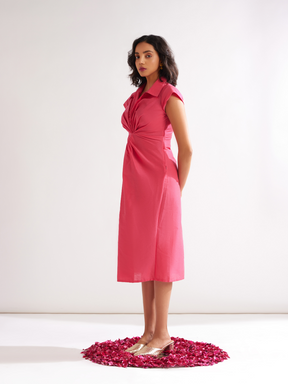 Classic collared Front knot dress- Raspberry