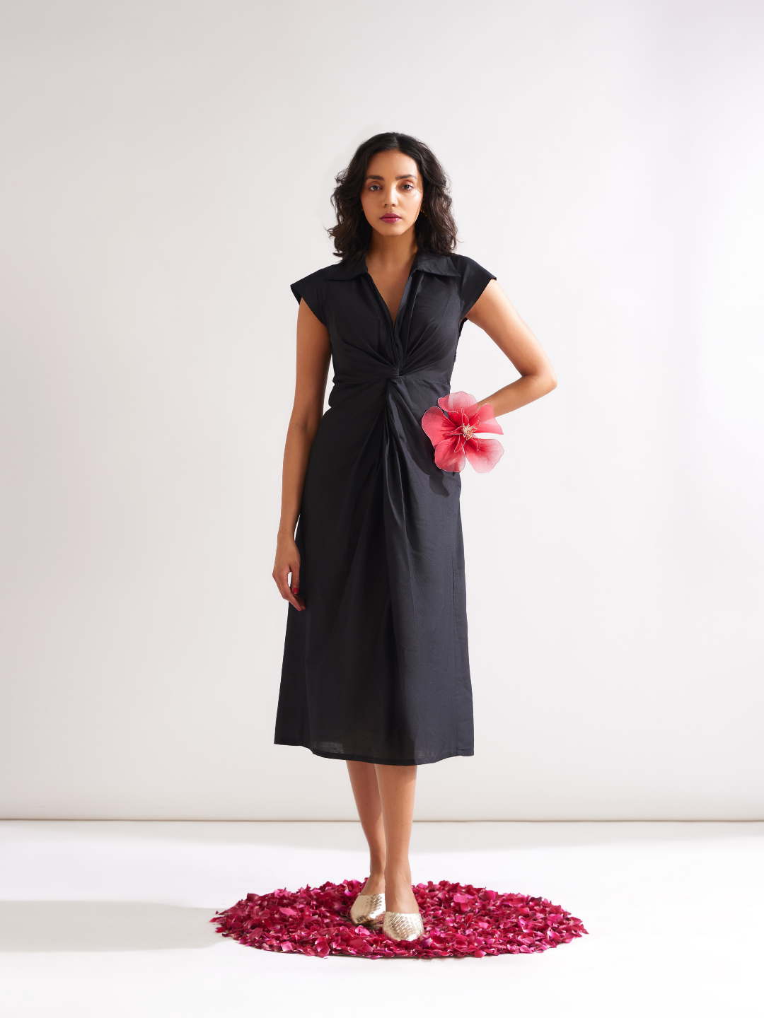 Classic collared Front knot dress- Rich black