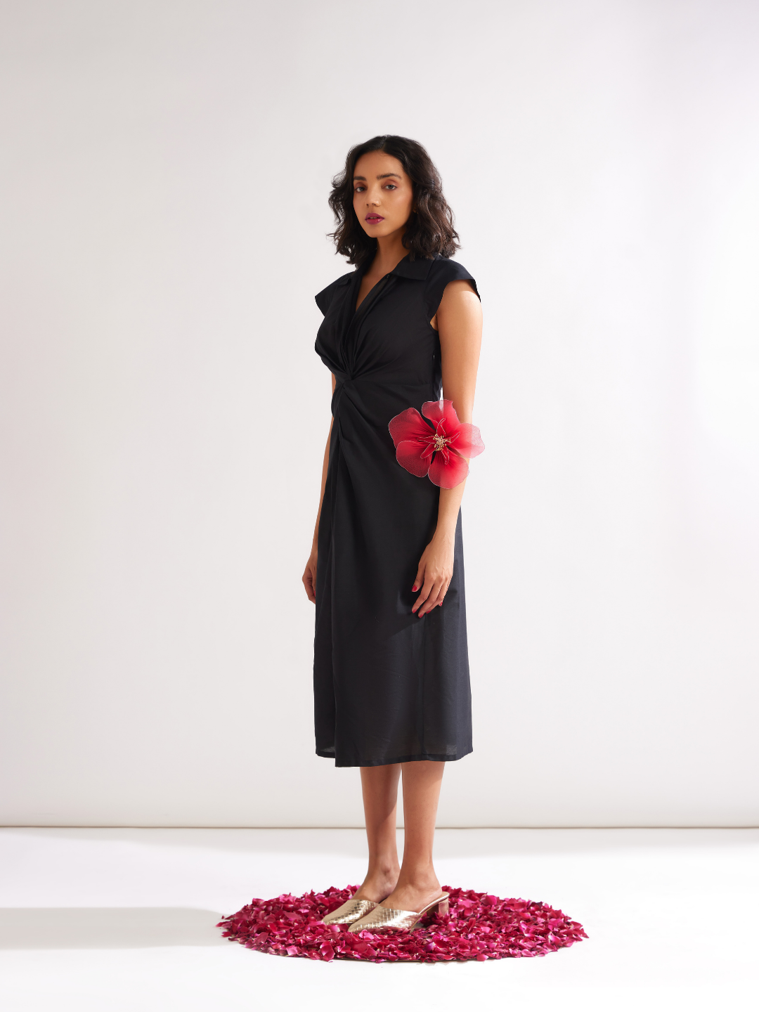 Classic collared Front knot dress- Rich black