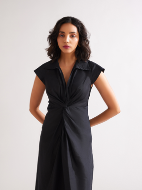 Classic collared Front knot dress- Rich black