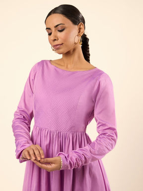 Banarasi Silk Pintuck Dress with Festive Flair- Lavender