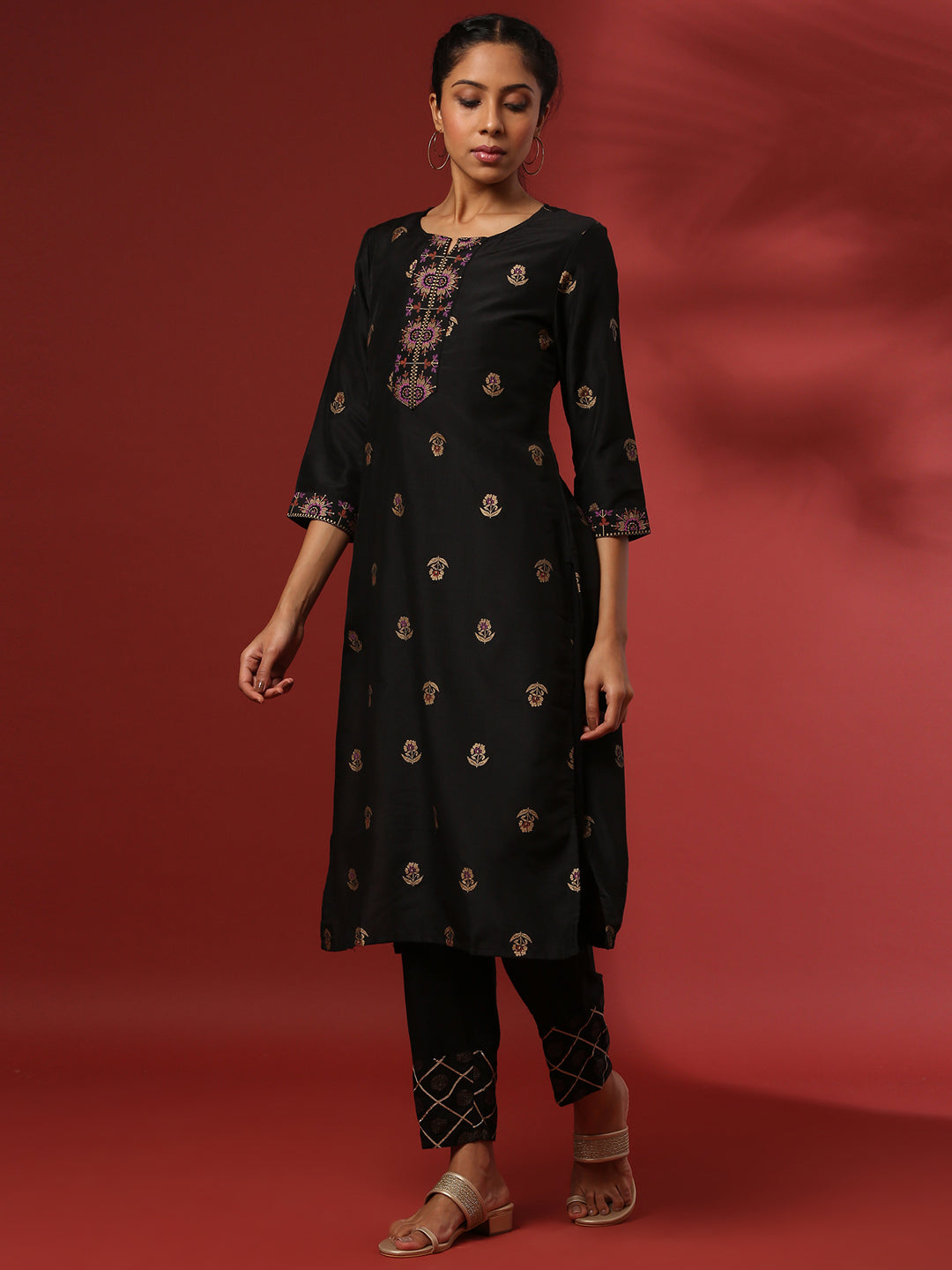 Printed straight kurta- black