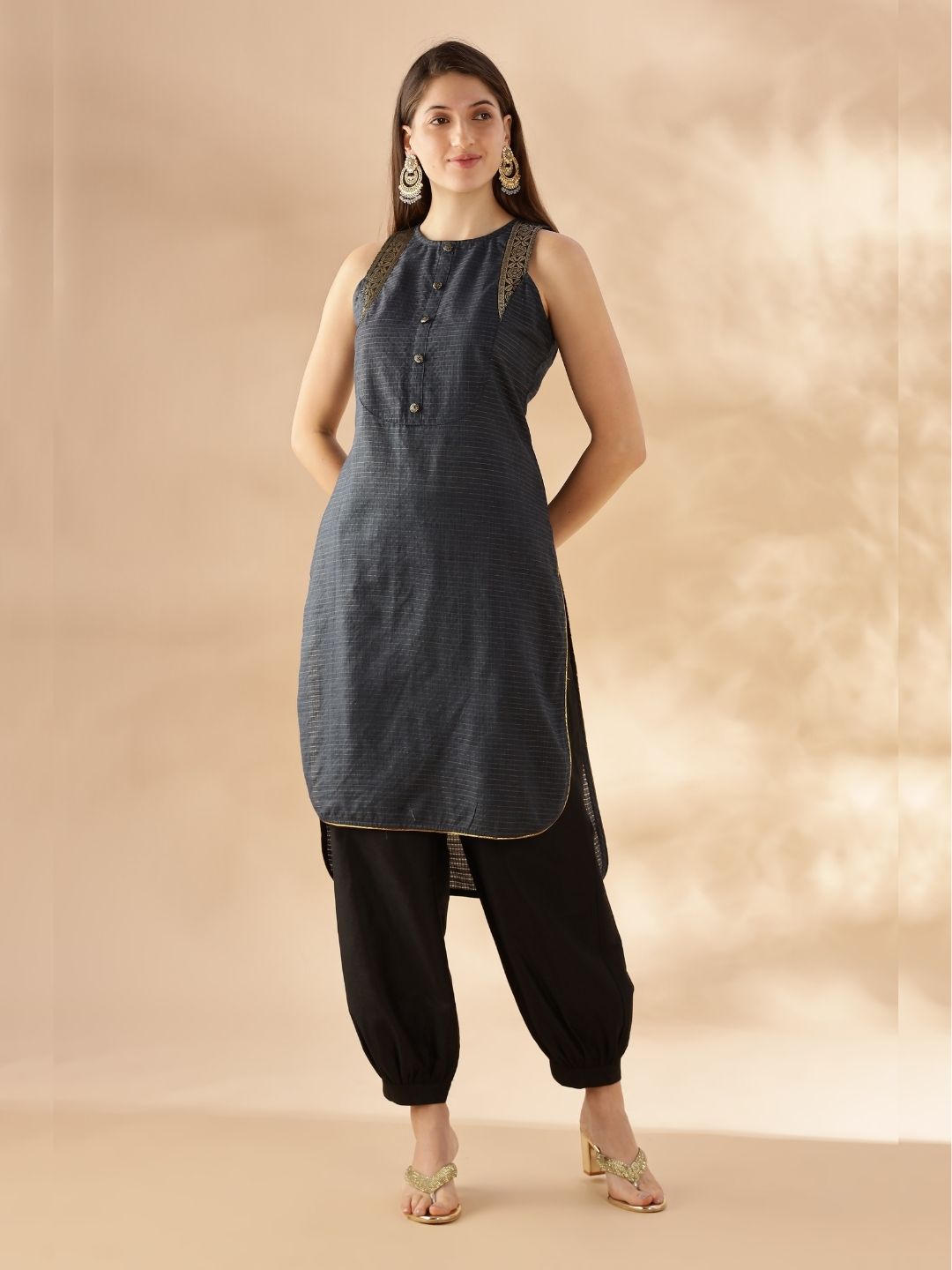 Gold zari check kurta- midnight blue