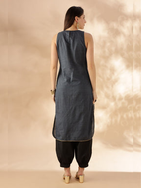 Gold zari check kurta- midnight blue