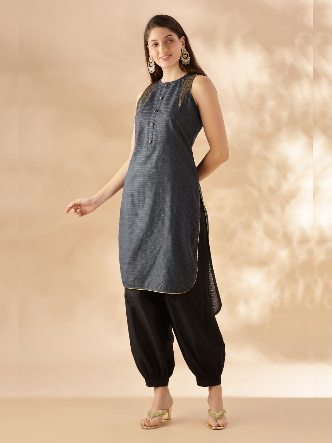 Gold zari check kurta- midnight blue