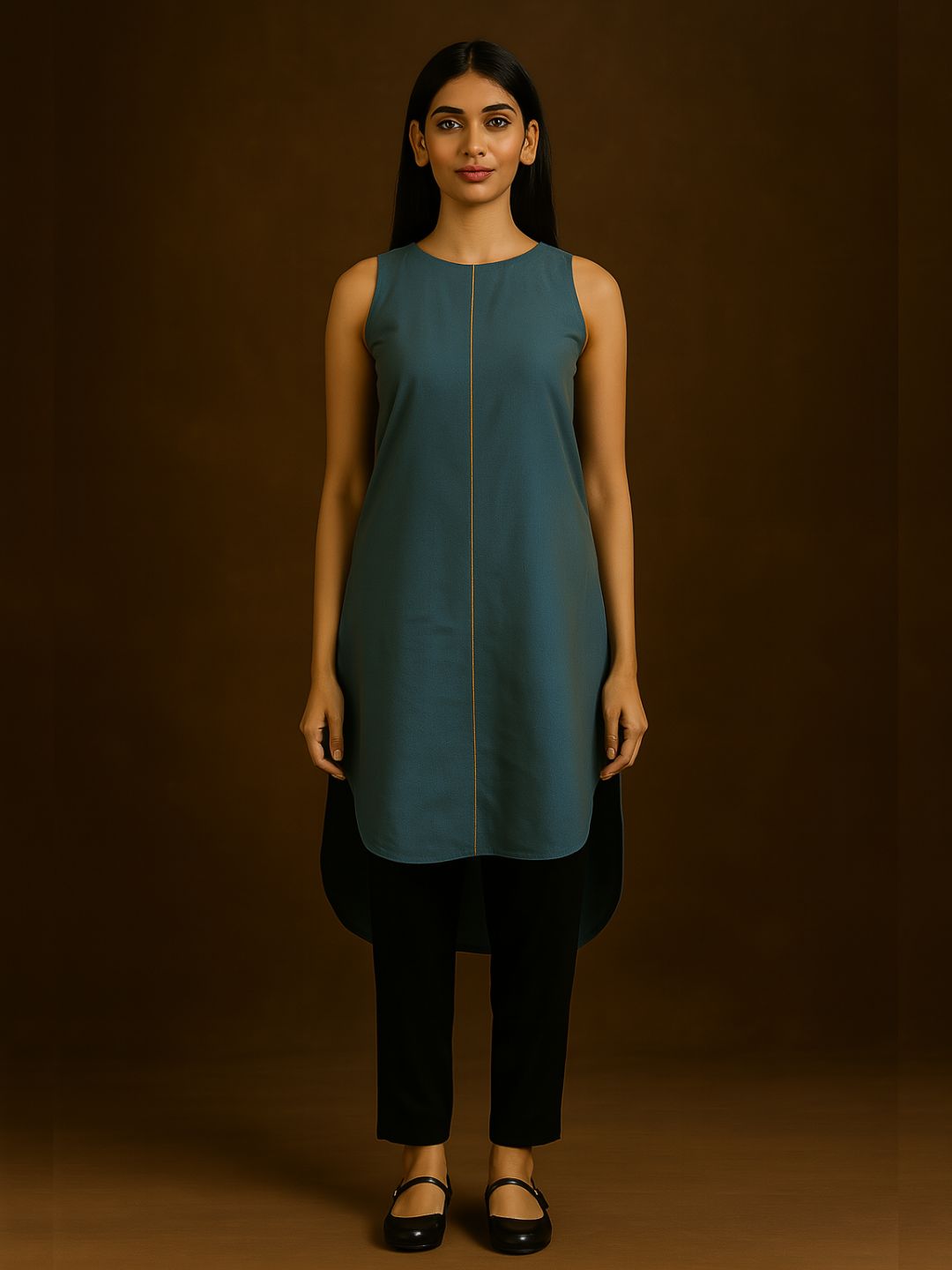 Peacock Blue High-low halter neck Kurta with contrast piping
