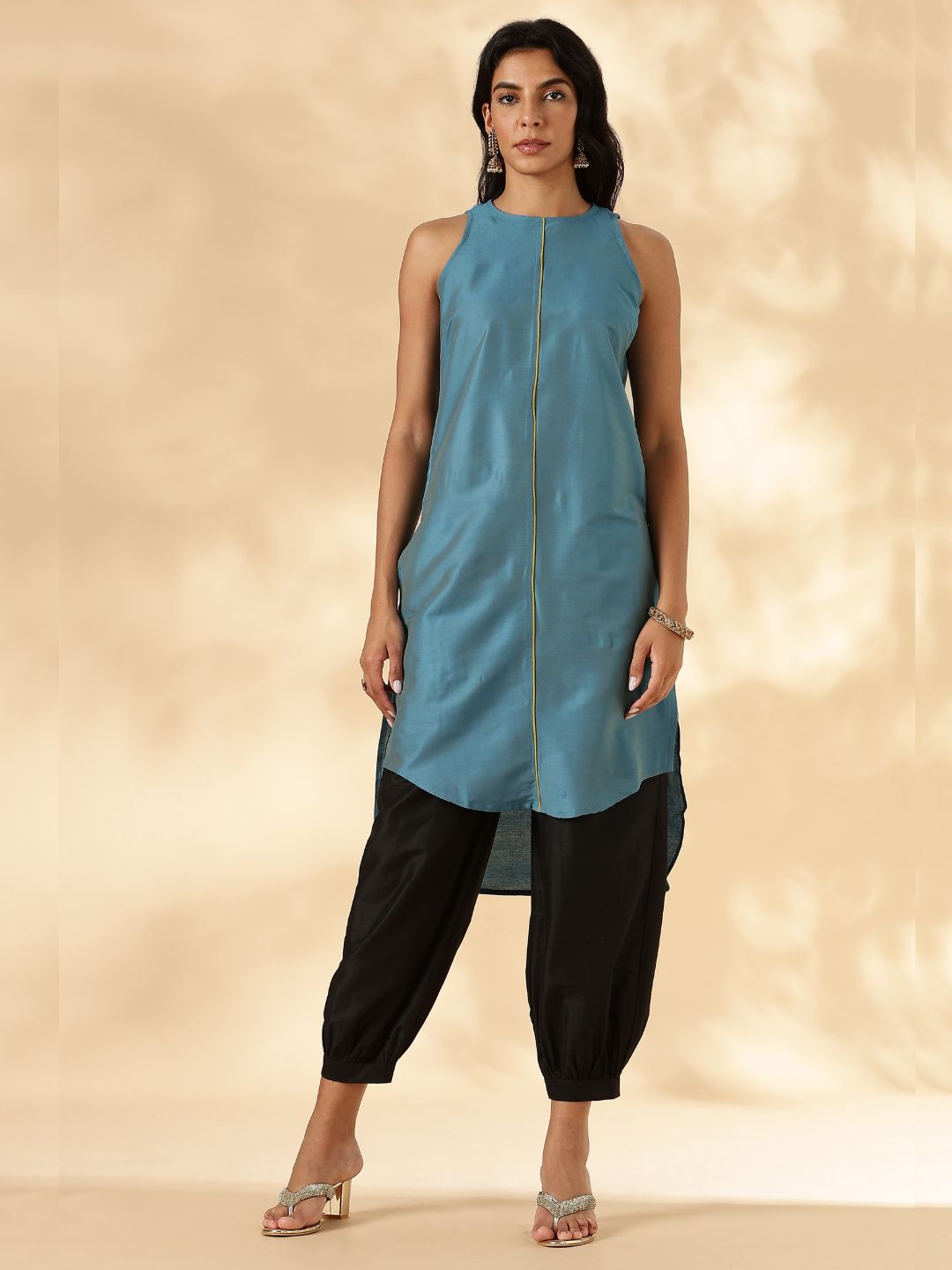 Peacock Blue High-low halter neck Kurta with contrast piping