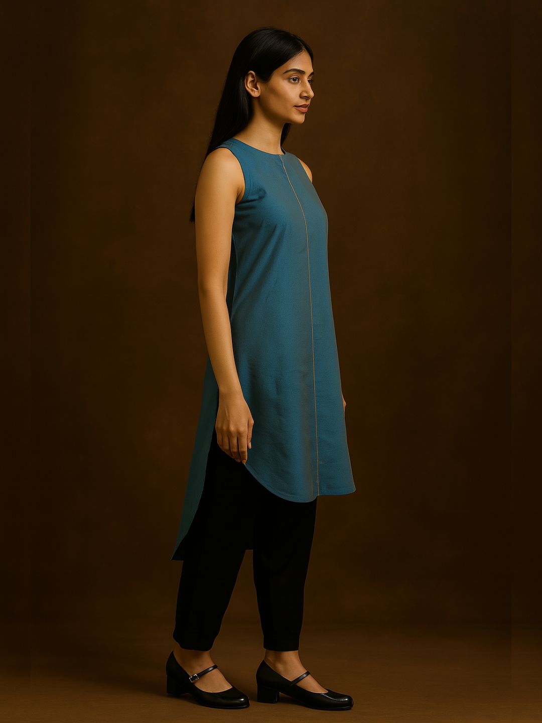 Peacock Blue High-low halter neck Kurta with contrast piping