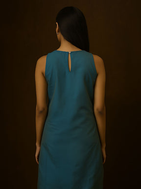 Peacock Blue High-low halter neck Kurta with contrast piping