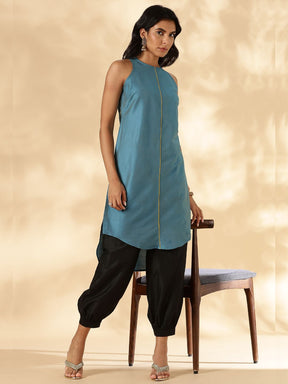 Peacock Blue High-low halter neck Kurta with contrast piping