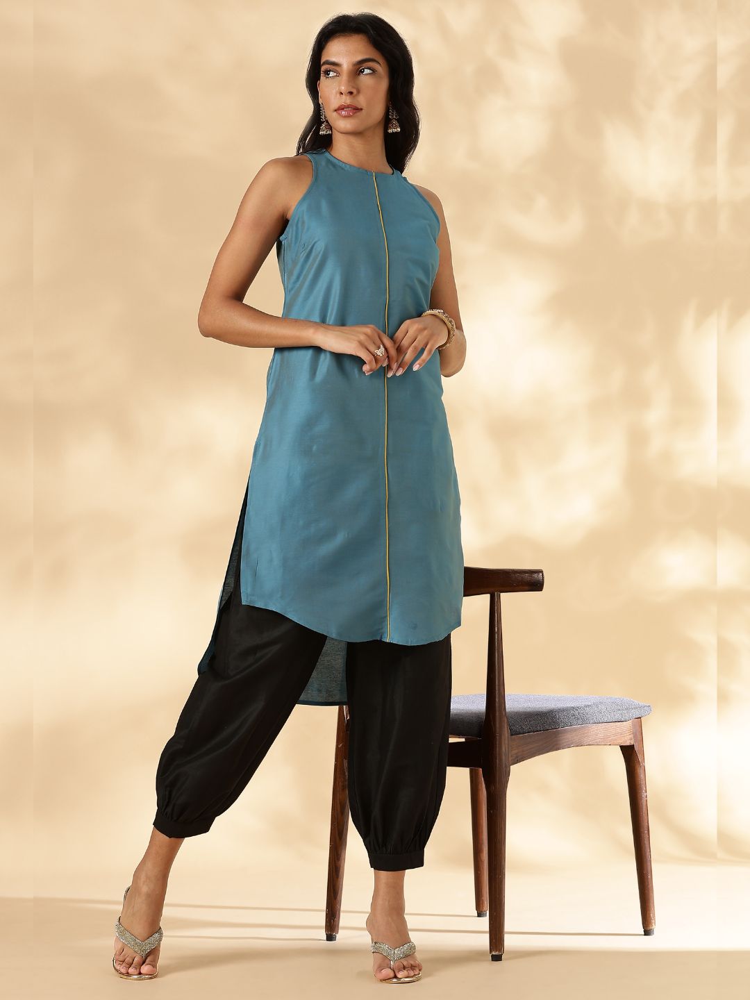 Peacock Blue High-low halter neck Kurta with contrast piping