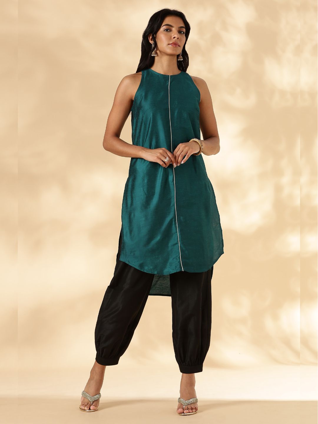 Teal High-low In cut-Kurta with Contrast Piping