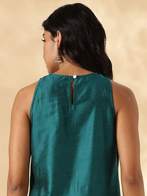 Teal High-low In cut-Kurta with Contrast Piping