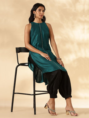 Teal High-low In cut-Kurta with Contrast Piping