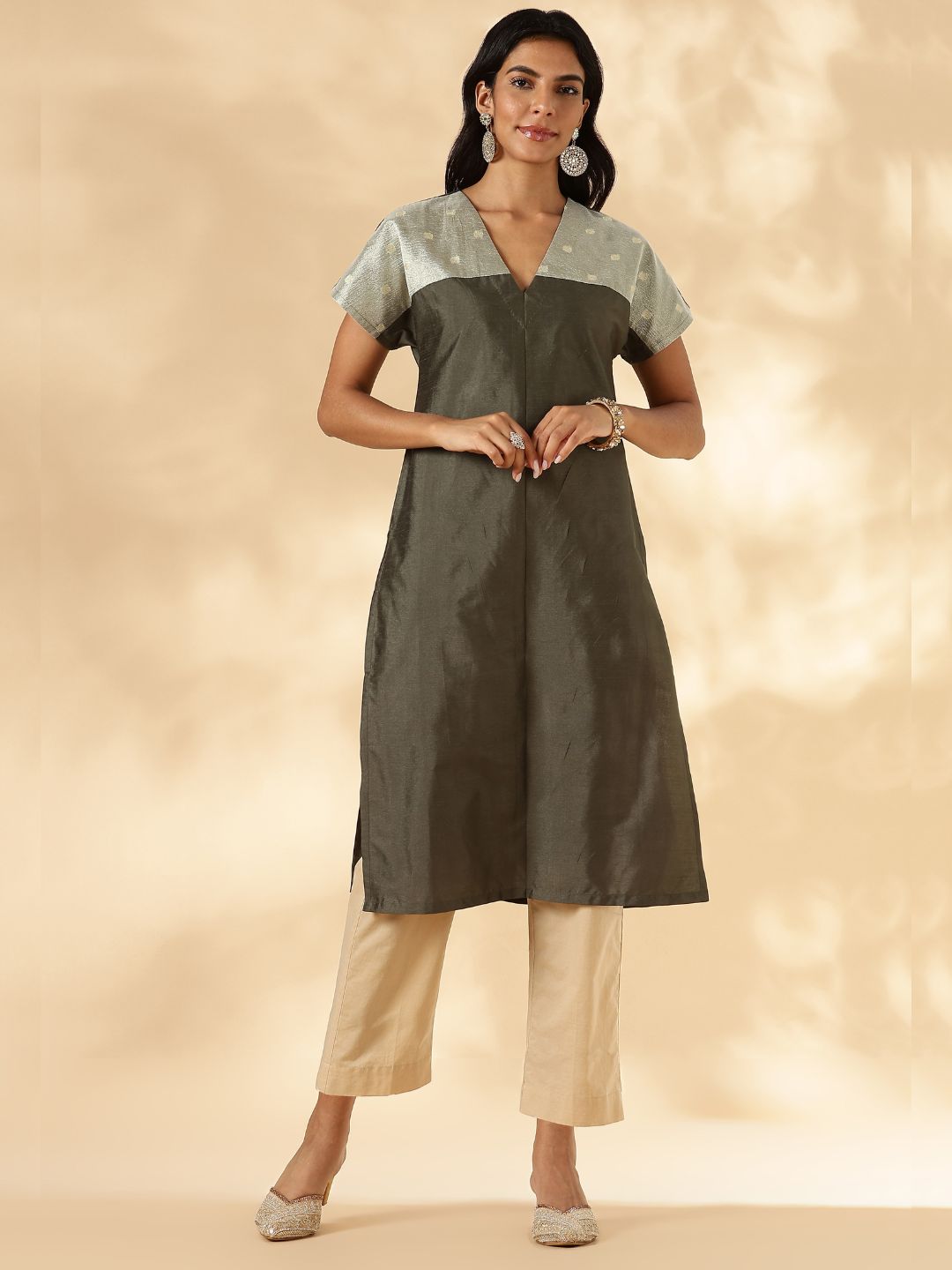 Olive Drop-Shoulder Kurta with Contrast Tissue Yoke