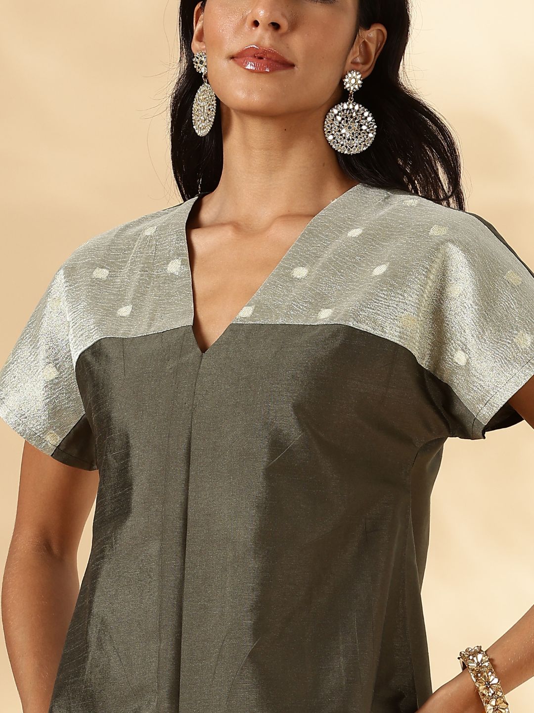 Olive Drop-Shoulder Kurta with Contrast Tissue Yoke