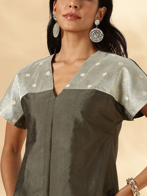 Olive Drop-Shoulder Kurta with Contrast Tissue Yoke