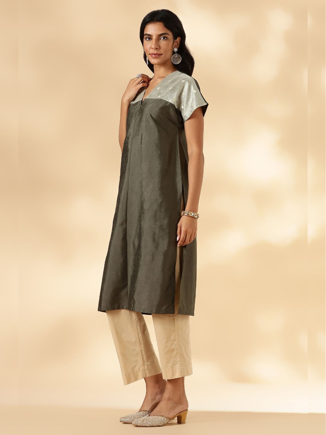 Olive Drop-Shoulder Kurta with Contrast Tissue Yoke