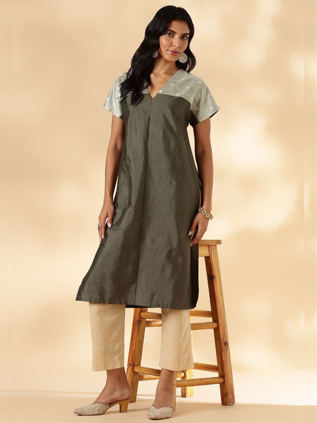 Olive Drop-Shoulder Kurta with Contrast Tissue Yoke
