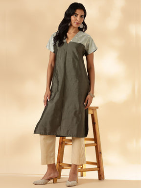 Olive Drop-Shoulder Kurta with Contrast Tissue Yoke
