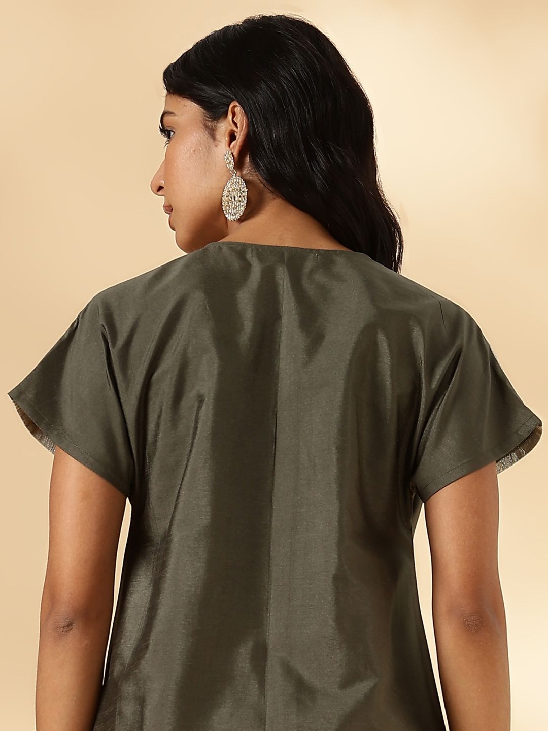 Olive Drop-Shoulder Kurta with Contrast Tissue Yoke