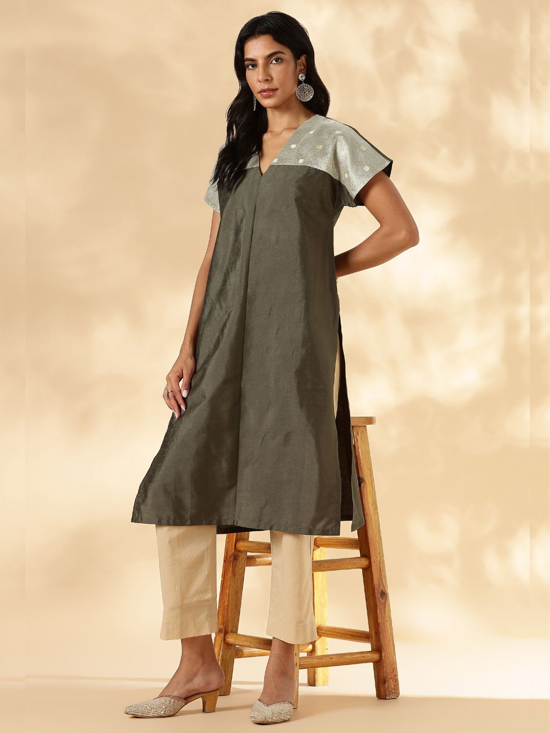 Olive Drop-Shoulder Kurta with Contrast Tissue Yoke