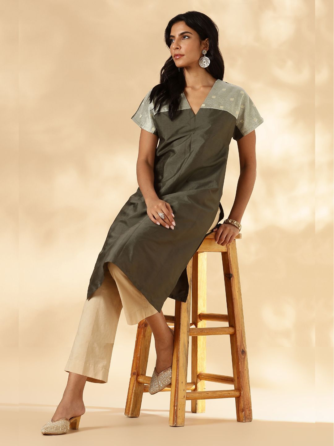 Olive Drop-Shoulder Kurta with Contrast Tissue Yoke