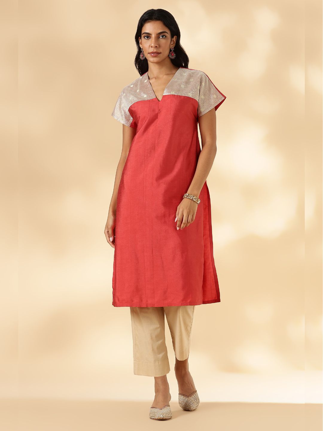 Rust Orange Drop-Shoulder Kurta with Contrast Tissue Yoke