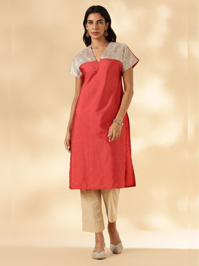 Rust Orange Drop-Shoulder Kurta with Contrast Tissue Yoke