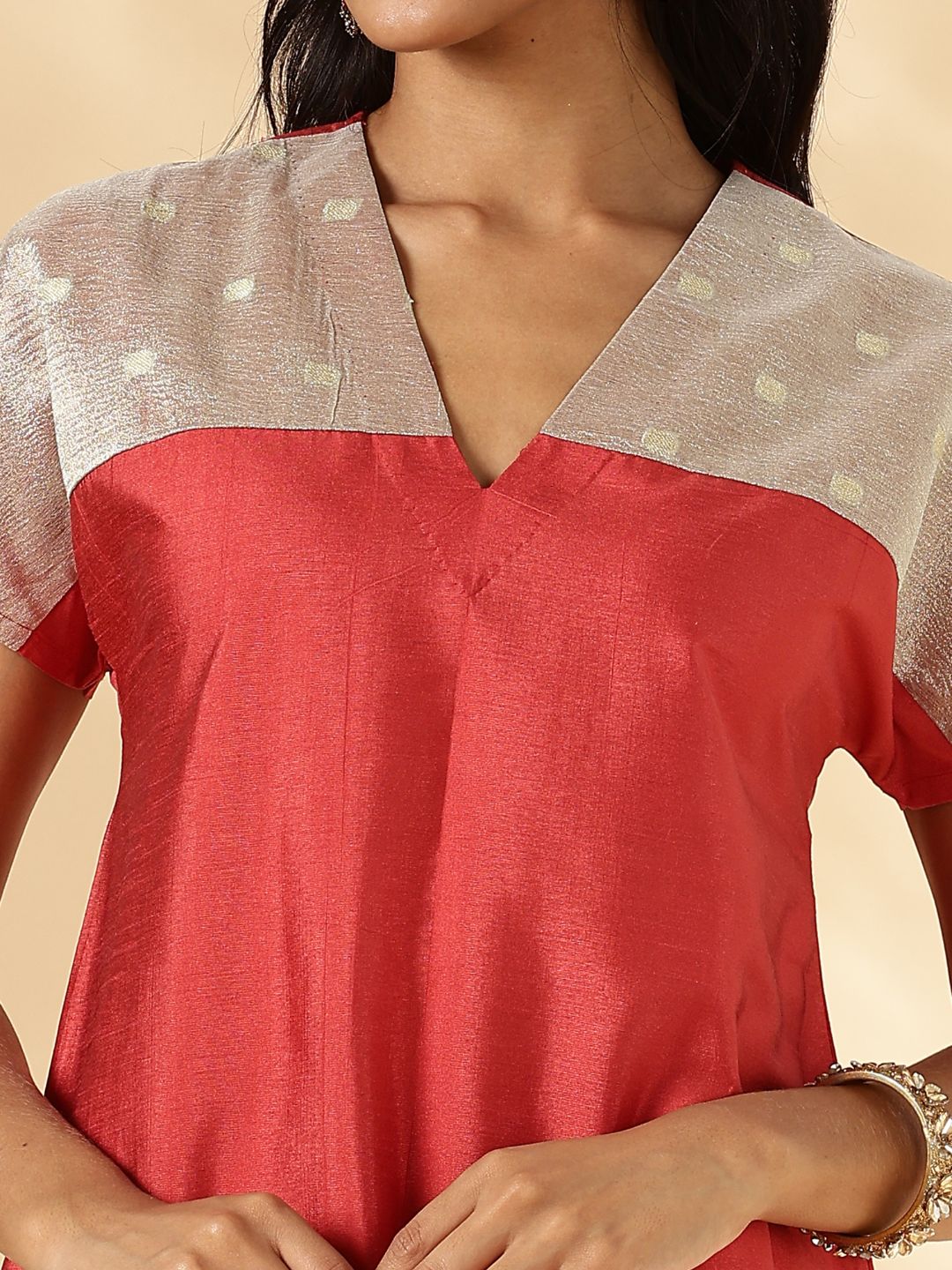 Rust Orange Drop-Shoulder Kurta with Contrast Tissue Yoke