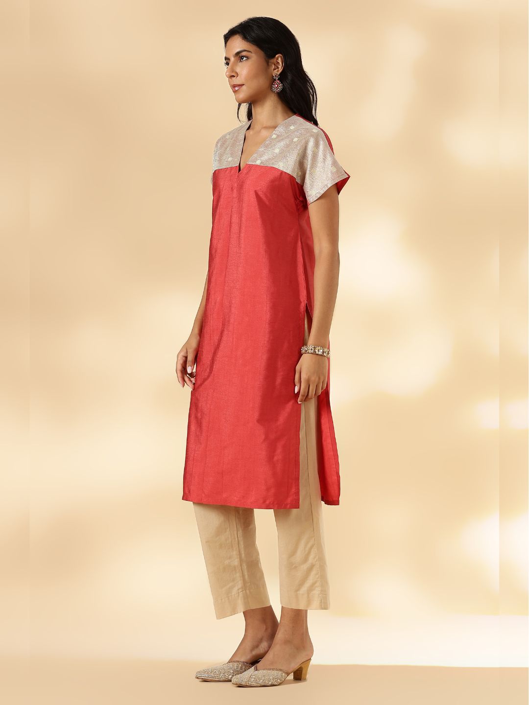 Rust Orange Drop-Shoulder Kurta with Contrast Tissue Yoke