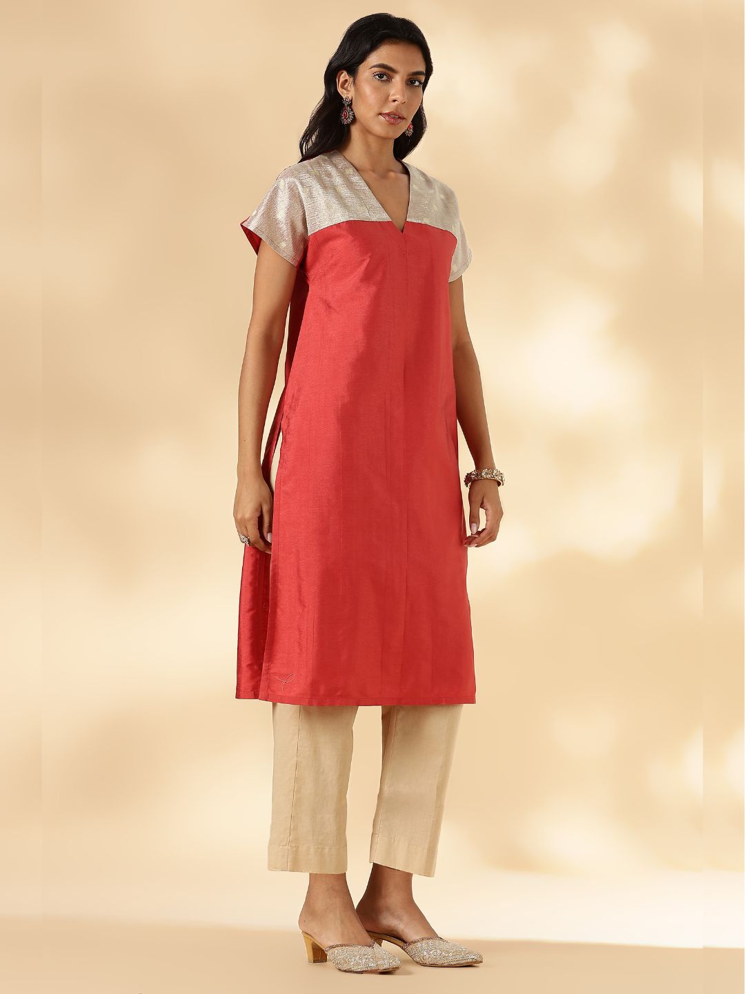 Rust Orange Drop-Shoulder Kurta with Contrast Tissue Yoke