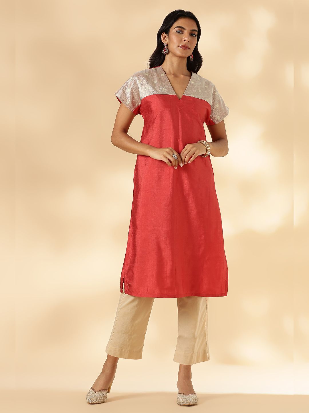Rust Orange Drop-Shoulder Kurta with Contrast Tissue Yoke
